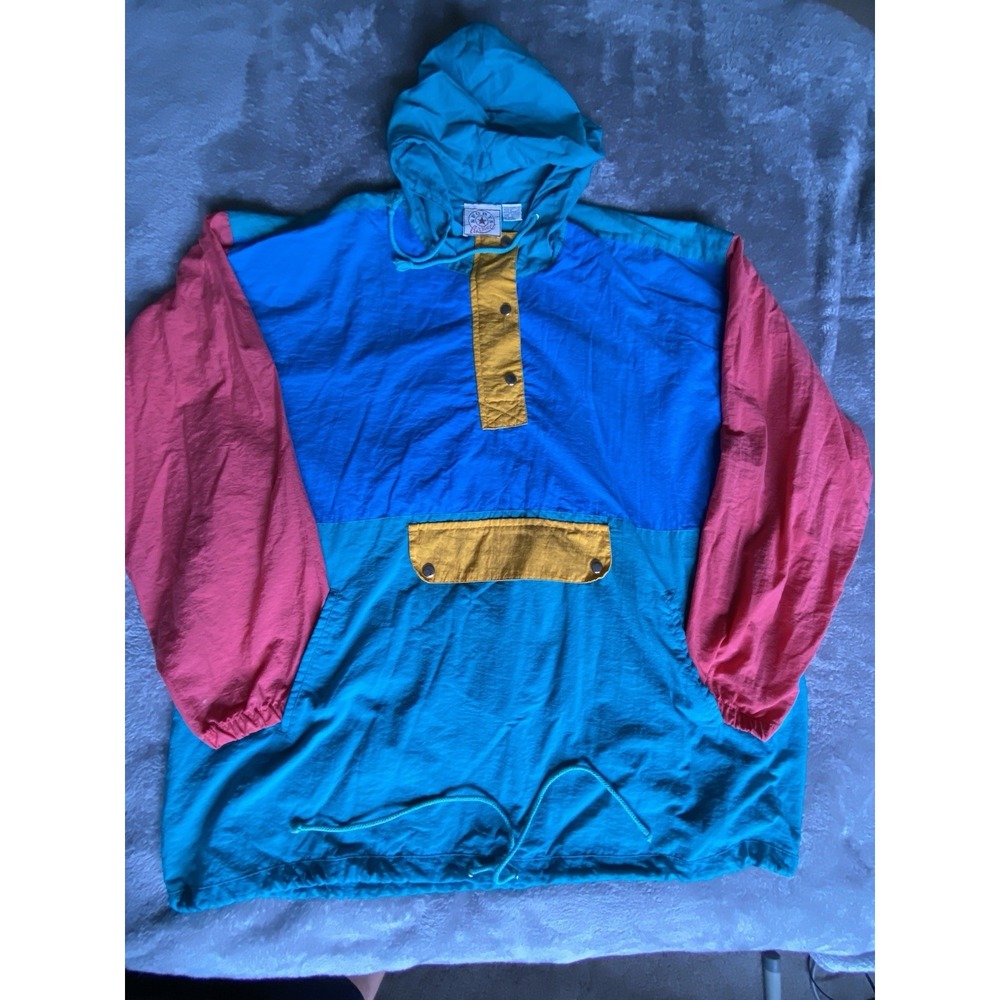 Vintage Sports Accent Hooded Pullover Jacket Nylon Windbreaker Large Rain s56